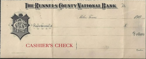Miles, Texas - Runnels County National Bank cashier's check
