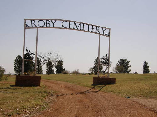 Fisher County , TX - Roby  Cemetery Tilted  Sign