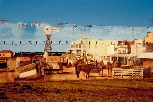Rule, Texas street with train, depot, horses, windmill... mural by Larry LeFevre