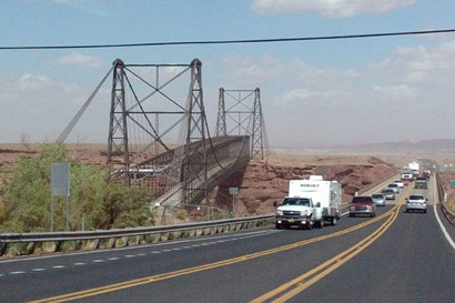 Navajo foot bridge and highway bridge over The Little Colorado River at Cameron Trading Post Hwy 89 