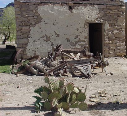 Lajitas Texas cactus and authentic chuck wagon in junk pile