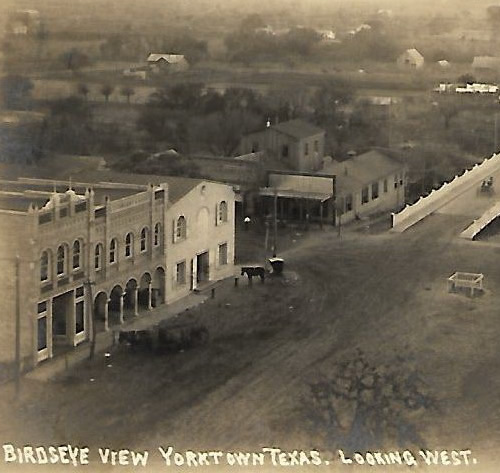 Yorktown TX - Birdseye view of C. Eckhardt Building, street, bridge 